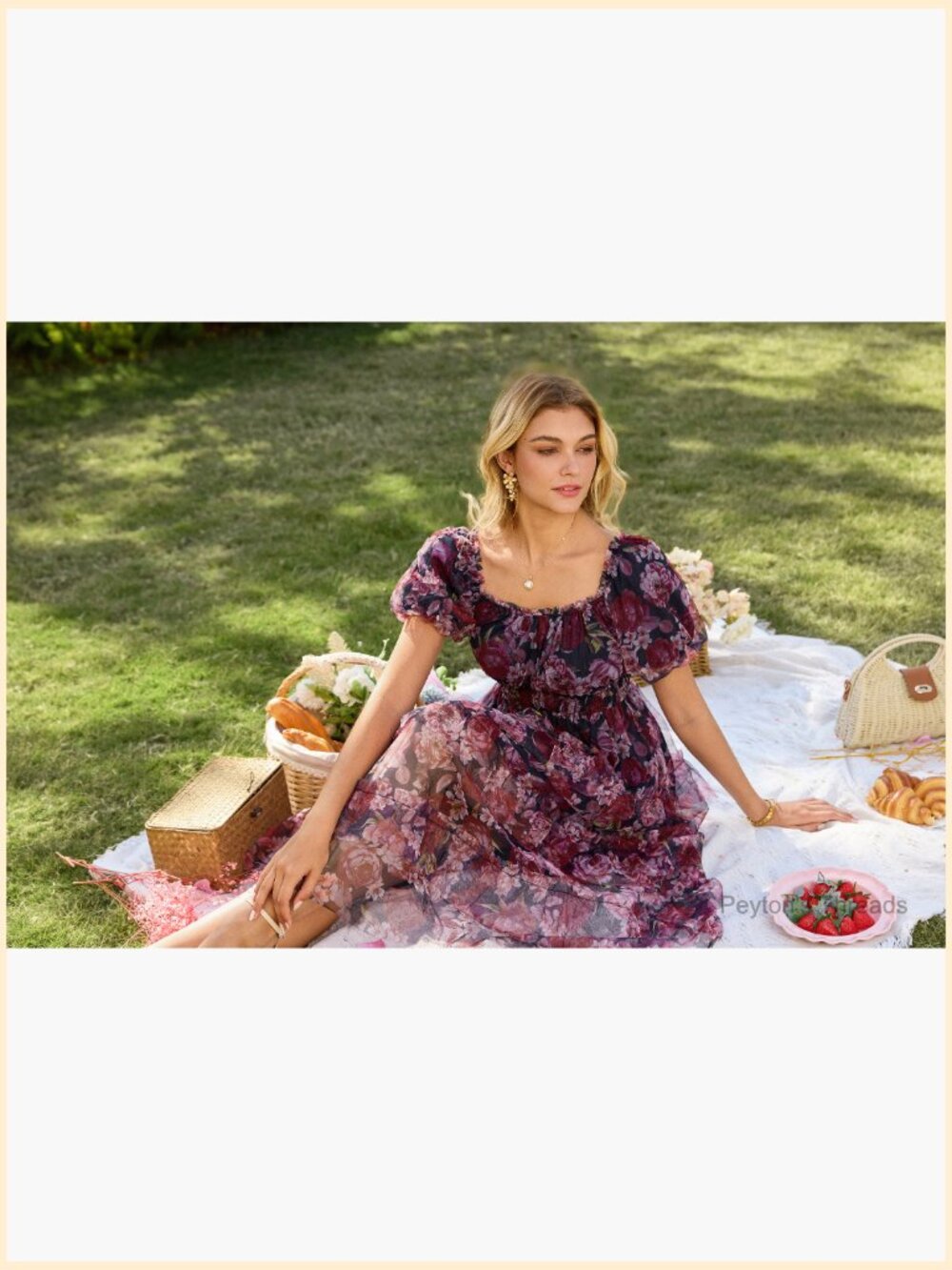 Floral Puff Sleeve Smocked Midi Dress Square Neck Mesh Flowy - Picture 7 of 7